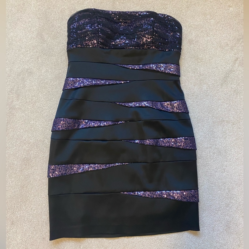 Strapless Black Dress with Purple Sequin Paneling